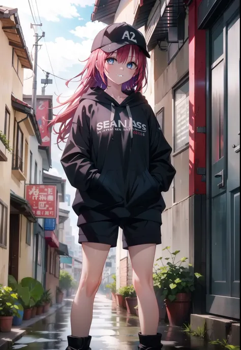 (masterpiece, Highest quality:1.2),shape,8K,High resolution,mea kurosaki,Mea Kurosaki,Redhead,Long Hair,Purple eyes,1 Girl,Baseball hats,Oversized black hoodie,Black shorts,short boots,Grin,smile,Both hands are in the pockets of the hoodie,graffiti,Hiding ...