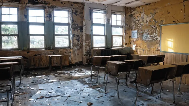 Realistic amateur photo posted to facebook , abandoned classroom
