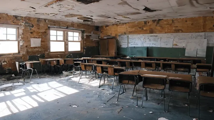 Realistic amateur photo posted to facebook , abandoned classroom