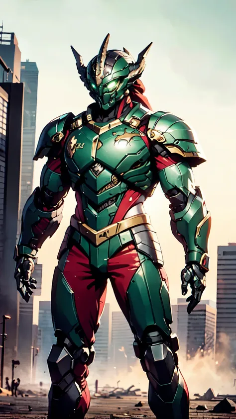 a man wearing a full-face helmet, a fantasy-style biotech armored combat suit, green eyes, (a composite layered chest armor), fu...