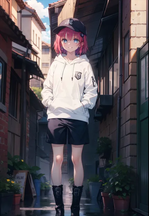 (masterpiece, Highest quality:1.2),shape,8K,High resolution,mea kurosaki,Mea Kurosaki,Redhead,Long Hair,Purple eyes,1 Girl,Baseball hats,Oversized black hoodie,Black shorts,short boots,Grin,smile,Both hands are in the pockets of the hoodie,graffiti,Hiding ...