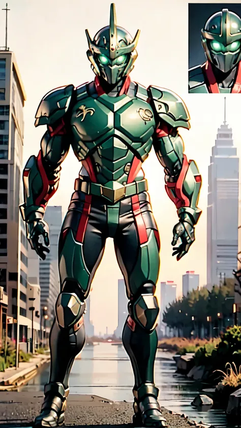 A man wearing a full-face helmet, a fantasy-style biotech armored combat suit, green eyes, (a composite layered chest armor), fully enclosed shoulder guards, matching arm and leg guards, the belt is adorned with dragon claw grasping orbs, (the color scheme...