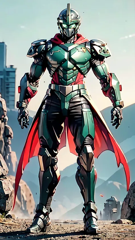 A man wearing a full-face helmet, a fantasy-style biotech armored combat suit, green eyes, (a composite layered chest armor), fully enclosed shoulder guards, matching arm and leg guards, the belt is adorned with dragon claw grasping orbs, (the color scheme...