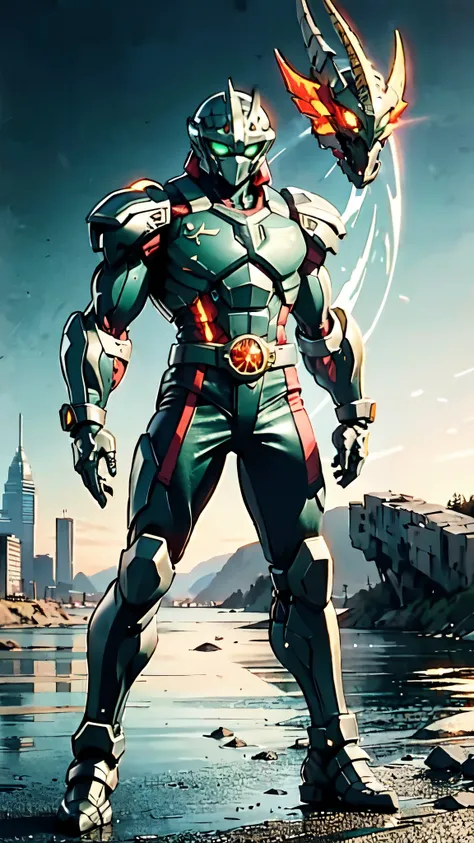 A man wearing a full-face helmet, a fantasy-style biotech armored combat suit, green eyes, (a composite layered chest armor), fully enclosed shoulder guards, matching arm and leg guards, the belt is adorned with dragon claw grasping orbs, (the color scheme...