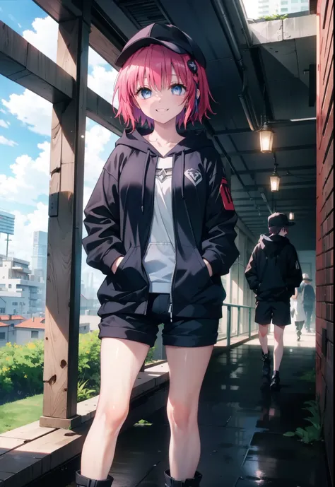 (masterpiece, Highest quality:1.2),shape,8K,High resolution,mea kurosaki,Mea Kurosaki,Redhead,Long Hair,Purple eyes,1 Girl,Baseball hats,Oversized black hoodie,Black shorts,short boots,Grin,smile,Both hands are in the pockets of the hoodie,Hiding in a roof...