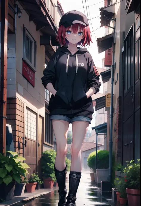 (masterpiece, Highest quality:1.2),shape,8K,High resolution,mea kurosaki,Mea Kurosaki,Redhead,Long Hair,Purple eyes,1 Girl,Baseball hats,Oversized black hoodie,Black shorts,short boots,Grin,smile,Both hands are in the pockets of the hoodie,Hiding in a roof...