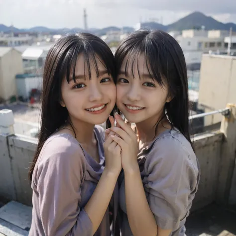 Identical twin sisters kissing、(8K, RAW Photos, Highest quality, masterpiece: 1.2), Very detailed, Super Resolution, (Realistic, Actual photo: 1.37), (photoRealistic: 1.6), Eating lunch on the School rooftop. , Nice views, Cute lunch box, School rooftop, L...