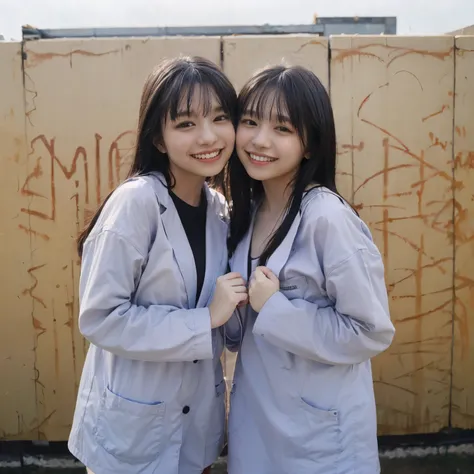 Identical twin sisters kissing、(8K, RAW Photos, Highest quality, masterpiece: 1.2), Very detailed, Super Resolution, (Realistic, Actual photo: 1.37), (photoRealistic: 1.6), Eating lunch on the School rooftop. , Nice views, Cute lunch box, School rooftop, L...