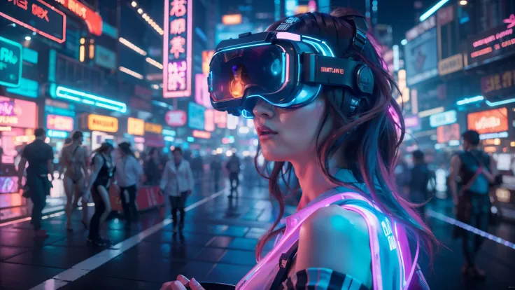 (Highest quality,4K,High resolution,masterpiece:1.2),Super detailed,(Realistic,photoRealistic:1.37),Put on the VR box headset、A woman immersed in a captivating display of vibrant neon lights、The world of the metaverse