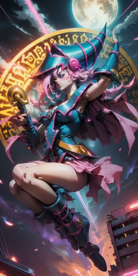 Beautiful woman dark magician girl ( neon cyberpunk ), The neon sings, neon lighting, RTX dark magician girl lighting up flying in the air. Above the city at midnight. full moon. skies of stars. Dark wizard flying