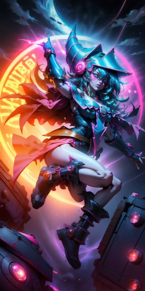 Beautiful woman dark magician girl ( neon cyberpunk ), The neon sings, neon lighting, RTX dark magician girl lighting up flying in the air. Above the city at midnight. full moon. skies of stars. Dark wizard flying