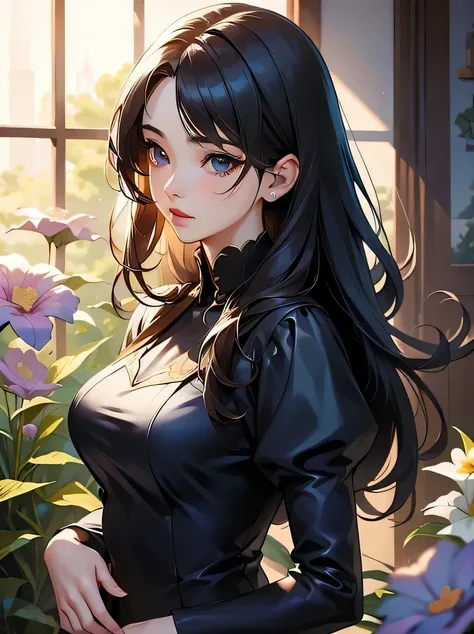 ((masterpiece、Highest quality、Very detailed、High resolution、Realistic、Sharp focus))、Bust Shot、Focus on the chest up、Woman wearing a navy blue dress、Standing in front of flowers、Beautiful cartoon art、Attractive anime woman、Beautiful Anime Women、View your vi...