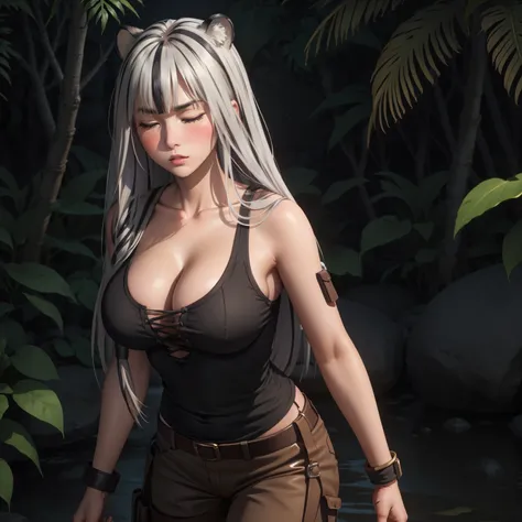 Atlas Fayon woman 40 years, white hair with black stripes ,white tiger ears, closed eyes, mujer ciega con closed eyes, serious expression, blush,  pale skin, big breasts, lara croft costume, Lara croft cosplay background a temple in the jungle.