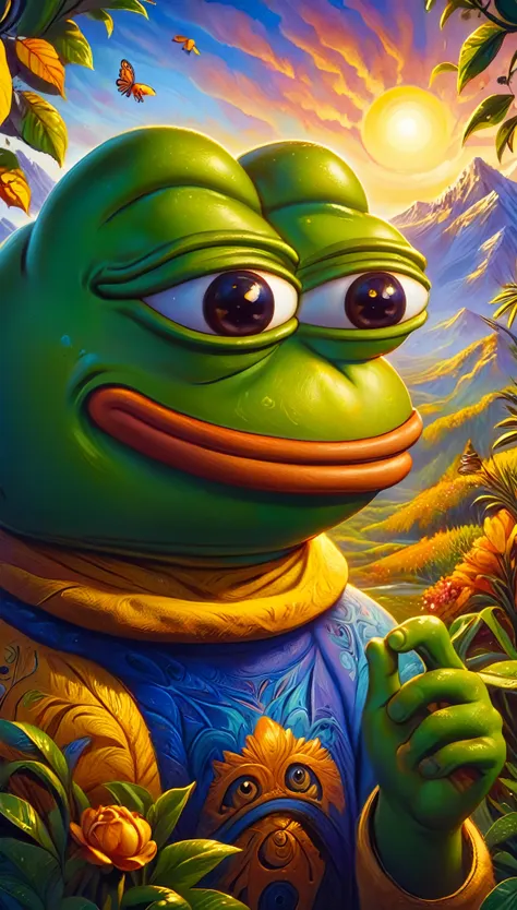 a pepe frog with friendly expression,pepe frog character,cute frog mascot,cartoon style,vibrant colors,detailed intricate design...