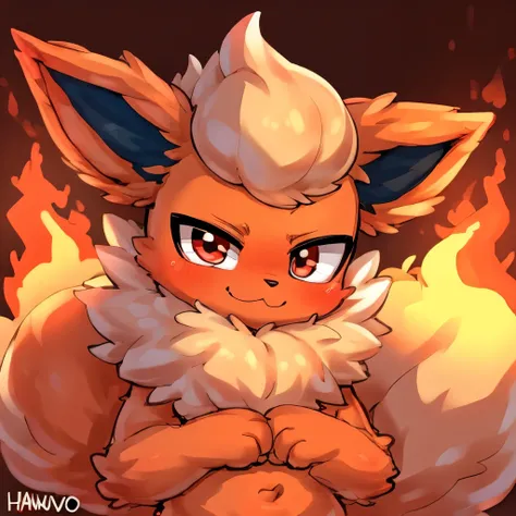 Flareon, made by hanuvo, masculine, light red eyes, looking at viewer, offering a paw to help the viewer get up, fire background