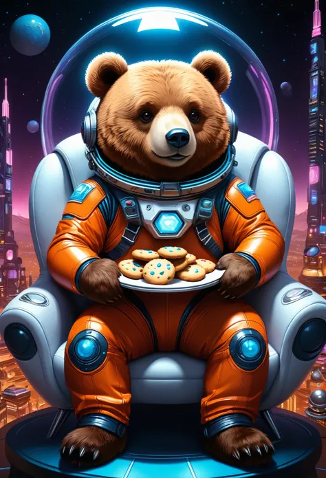 (Cute cartoon style:1.3), (((close-up of bear sitting on futuristic sofa))), (full sleek cyberpunk spacesuit:1.2), ((open head)), (Mars city outside of illuminator), dark fur, (holding plate of cookies:1.2), intricate spaceship interior, bright colors, mas...