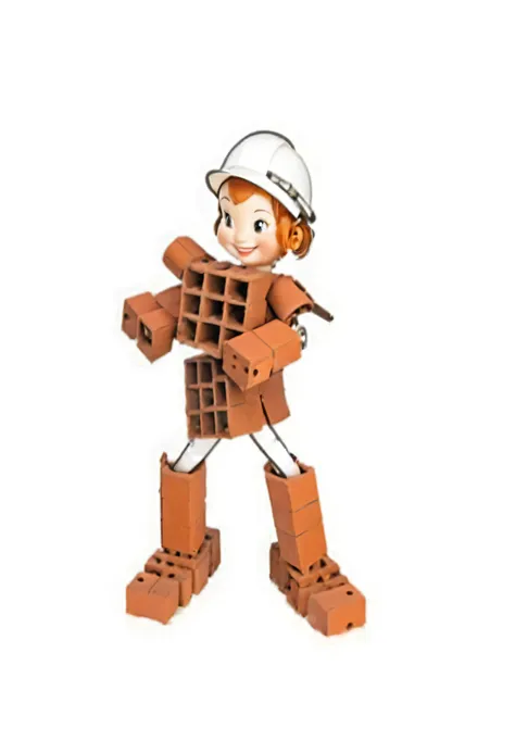 a smiling doll with a spherical head made of bricks, round ears, with a white construction helmet, the arms are made of cobblestone bricks each, shoulders made of colonial tiles, the body is made with two bricks with 9 holes in position perpendicular, the ...