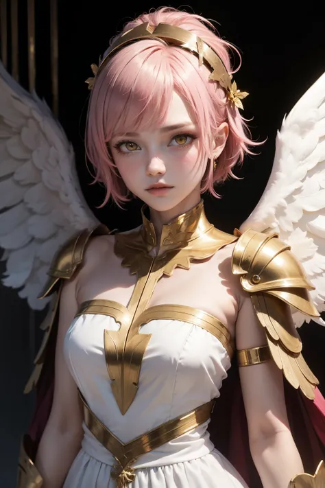 1girl, pink hair, angel wings, white silk dress, golden ornemants, golden ribbons, hair ornemants, short hair, yellow_tips, highlights, pink hair, yellow eyes, death stare, golden shoulder pads, greek clothing, armour.