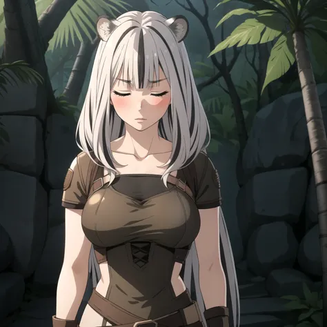 Atlas Fayon woman 40 years, white hair with black stripes ,white tiger ears, closed eyes, mujer ciega con closed eyes, serious expression, blush,  pale skin, big breasts, lara croft costume, Lara croft cosplay,  explorer,  background a temple in the jungle...