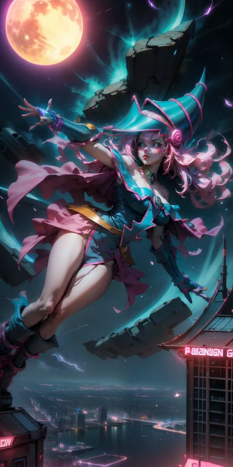 Beautiful woman dark magician girl ( neon cyberpunk ), The neon sings, neon lighting, RTX dark magician girl lighting up flying in the air. Above the city at midnight. full moon. skies of stars. Dark wizard flying