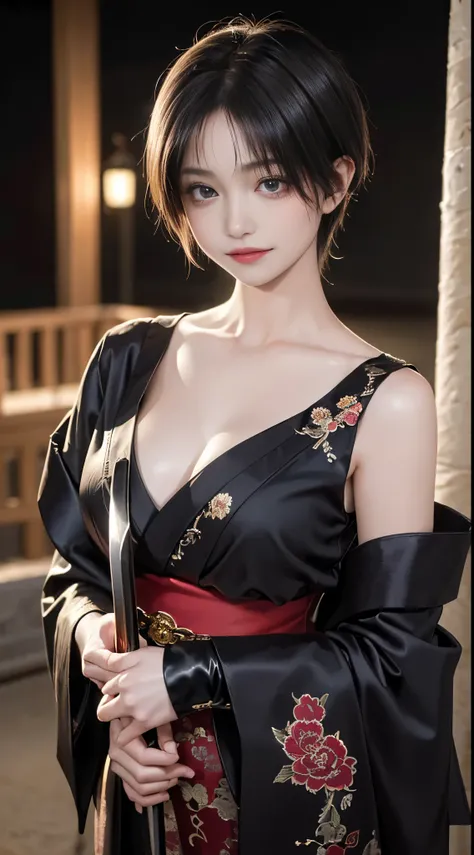 8K Ultra HD, Digital SLR,Film Grain, Fujifilm XT3,(highest quality:1.3), (masterpiece:1.1), High resolution, Cinematic Light, Intricate details, (Realistic) (Night view) Realistic backlight、Dramatic reddish light、Beautiful Japanese Geisha full body photo, ...