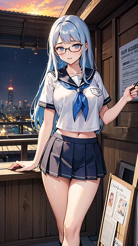 reate an anime-style illustration of a 17-year-old girl named Shizuka. She has long, straight, blue hair with bangs cut straight across her forehead. She has large, almond-shaped silver-blue eyes and porcelain-like white skin. Shizuka often wears glasses.G...