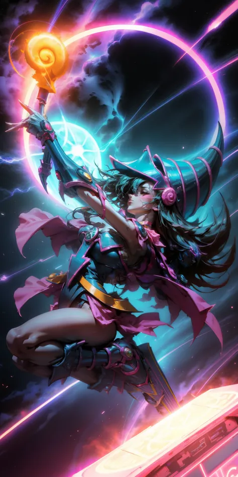 Beautiful woman dark magician girl ( neon cyberpunk ), The neon sings, neon lighting, RTX dark magician girl lighting up flying in the air. Above the city at midnight. full moon. skies of stars. Dark wizard flying