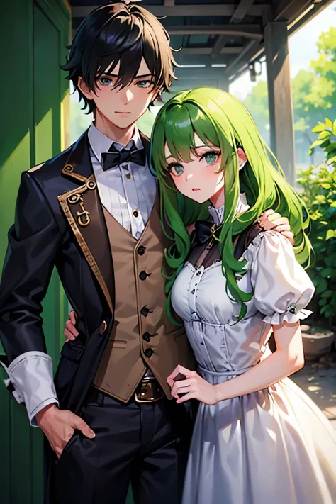 (masterpiece), best quality, expressive eyes, perfect face, girl, white dress, bright green hair, green eyes,  curly hair, long hair, black haired man, steampunk, short hair, couple, gray eyes,