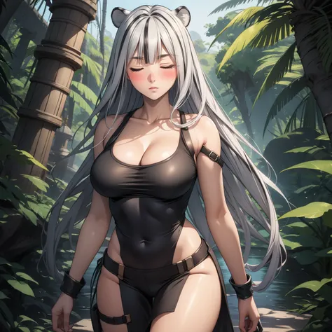 Atlas Fayon woman 40 years, white hair with black stripes ,white tiger ears, closed eyes, mujer ciega con closed eyes, serious expression, blush, pale skin, big breasts, lara croft costume, Lara croft cosplay, explorer, background a temple in the jungle. n...