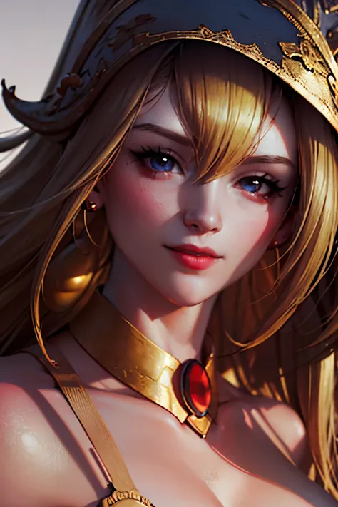 Beautiful face of dark wizard gils.. Blue eyes. Red lips. long blonde hair. gold necklace. gold earrings. smile on his lips. beautiful. Perfect face. half body shot. 