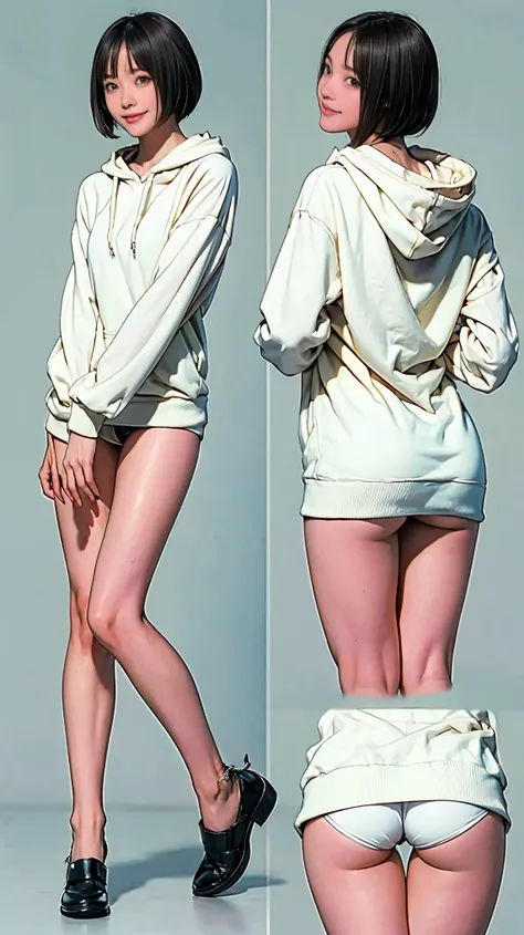 ((masterpiece)),(((Highest quality))),((Character design sheet)), Thin thighs,Long legs,18 year old Japanese girl, Cute type,The best smile:1.5，white long hoodie:1.5, Black panties in full view 1.5，Very short hair ,  (Highly detailed skin), The background ...