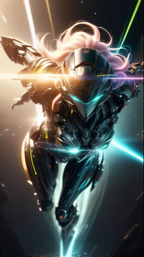 ((best quality)), ((masterpiece)), (detailed: 1.4), ....3D, A photo of a beautiful woman in thick neon and protective armor with generative helmet and voluminous cyberpunk hair., full body particles Light, Pure Energy, Chaos, Anti-Tech, HDR (High Dynamic R...