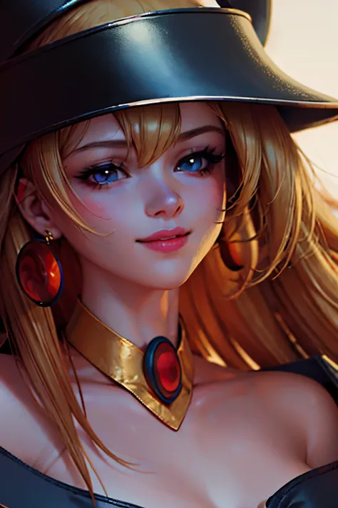 beautiful face of dark wizard gils.. blue eyes. red lips. long blonde hair. gold necklace. gold earrings. smile on his lips. bea...