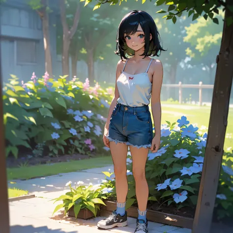 (high quality, High resolution, Very detailed, reality:1.37), Peaceful atmosphere, (Outdoor, garden), Teenage girl standing alone, (my breasts are big.), Beautiful details, Cute Smile, (Black bob hair), camisole, Denim shorts, Blue socks, sneakers.