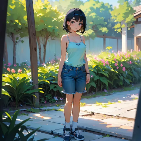 (high quality, High resolution, Very detailed, reality:1.37), Peaceful atmosphere, (Outdoor, garden), Teenage girl standing alone, (my breasts are big.), Beautiful details, Cute Smile, (Black bob hair), camisole, Denim shorts, Blue socks, sneakers.