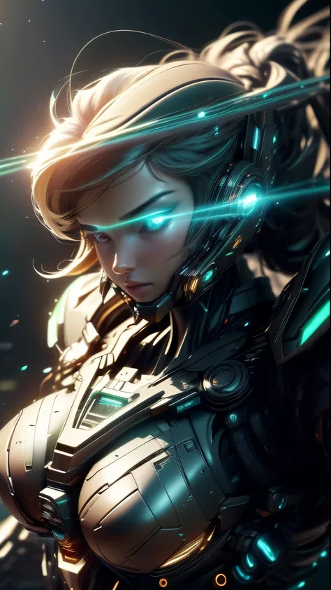 ((best quality)), ((masterpiece)), (detailed: 1.4), ....3D, A photo of a beautiful woman in thick neon and protective armor with generative helmet and voluminous cyberpunk hair., light particles , Pure energy, chaos, anti-tech, HDR (High Dynamic Range), Ra...