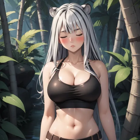 Atlas Fayon woman 40 years, white hair with black stripes ,white tiger ears, closed eyes, mujer ciega con closed eyes, serious expression, blush, pale skin, big breasts, lara croft costume, Lara croft cosplay, explorer, background a temple in the jungle. n...