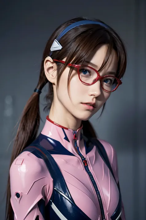 mari illustrious , neon genesis evangelion , small red rectangular glasses , brown hair , tie your hair on both sides , mari mak...