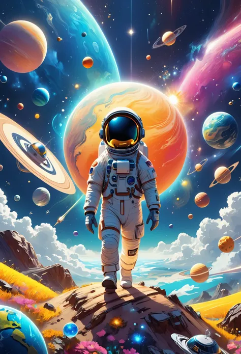 A 3d illustration of things such as a universe, astronaut, spaceship,planet, in the style of lively illustrations, childlike figures, hallyu, ad posters, use of bright colors, earthworks, soft color fields light-filled scenes
