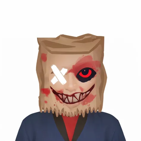 make it more realistic, is a horror character, wearing a blue suit with a red shirt underneath, he wears a bag over his head that is full of blood