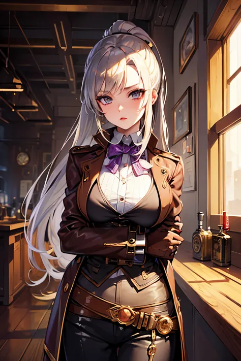 (masterpiece), best quality, expressive eyes, perfect face, girl, steampunk, she is blonde, ponytail, red lipstick, long hair, puple eyes, boy is silver hair, steampunk, (((boy ))), couple, younger boy,