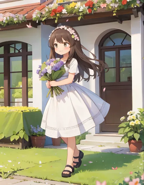 a girl walking through a garden full of beautiful flowers, full body, His expression reflects joy and happiness, blushing holding a bouquet of flowers, looking to the camera