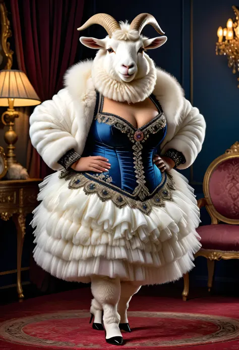 photorealistic portrait of Dressed animals-a ((fat)) ((angora goat)) dancer,(The whole body is covered with fur:1.5), (elegant pose:1.5), (hands on hips:1.5),(smile:1.5),high quality,(happy),(lovely) ,intricate details, Wearing bustier, (), highly detailed...