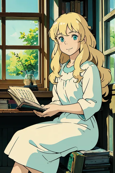 A girl sitting，Thick blonde curls，，Long hair，Turquoise eyes，，Gentle expression，Smile，Sit by the window and read a book，The book is spread out，The sun shines on her hair，Gentle sunlight effect，Soft light，Hand-drawn style，Miyazaki style