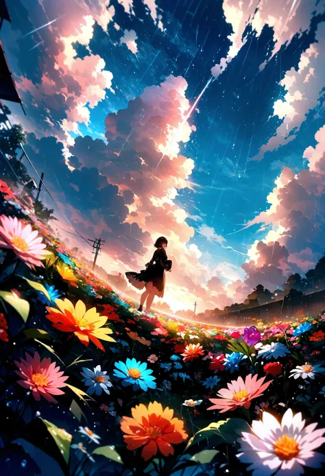 short hair，,Beautiful sky, Beautiful Clouds, rain，Colorful flowers, (Crystal clear rain sparkles in the sky), masterpiece,High resolution,Wide-angle lens