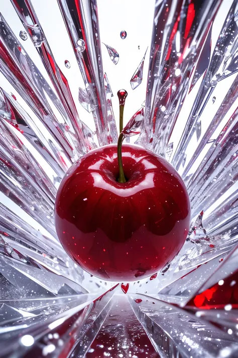 **A fresh and well-developed red cherry, falling on a sheet of shiny and transparent ice, splashes transparent ice in the form of shards, solid particles and particles, creating a dynamic visual symphony on a textured background, unique and magnificent wor...