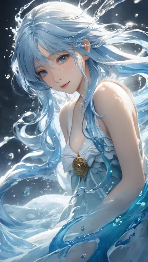 One girl, Female Water Spirit, Light blue hair, Internal spring water, Put a few drops of water on your skin,