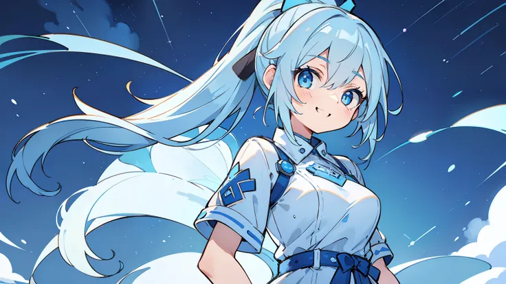 masterpiece, beautiful detailed, (casual wear), blue theme,  baby blue Eyes, baby blue hair, ponytail, 1girl, big smile, medium breasts, hair intakes, cowboy shot, night sky, Meteors, (((bold outline))), limited palette