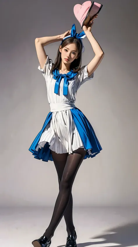 ((masterpiece)),(((Highest quality))),Thin thighs,Long legs,((Alice in Wonderland, wearing a large ribbon on your head,, wear black tights，loafers))、20 year old Japanese woman， (Very slim:1.4)、Low - Angle，Walking with arms raised:1.5，