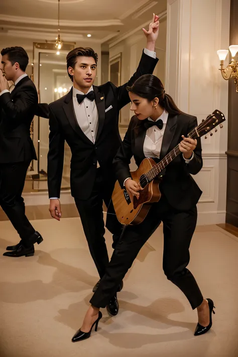 two well- dressed elegant men and two elegant well-dressed women, playing guitar, dancing and singing